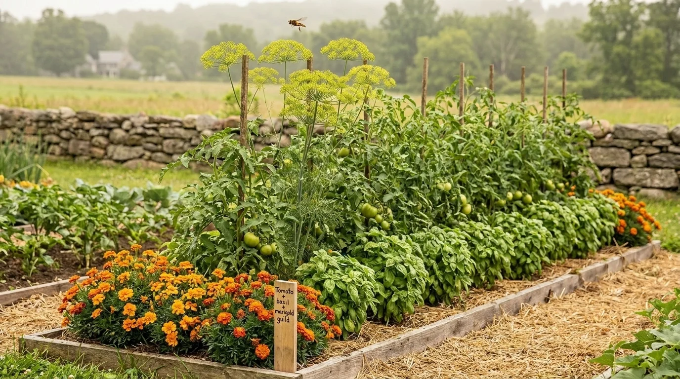 Companion-planted vegetable bed with staked tomatoes underplanted with basil, marigolds at the row ends, and dill in flower