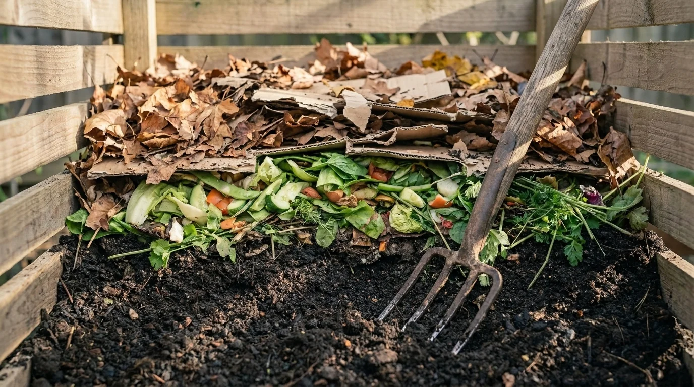 Cross-section of an open compost bin with layered brown leaves, green kitchen scraps and dark finished compost and a fork