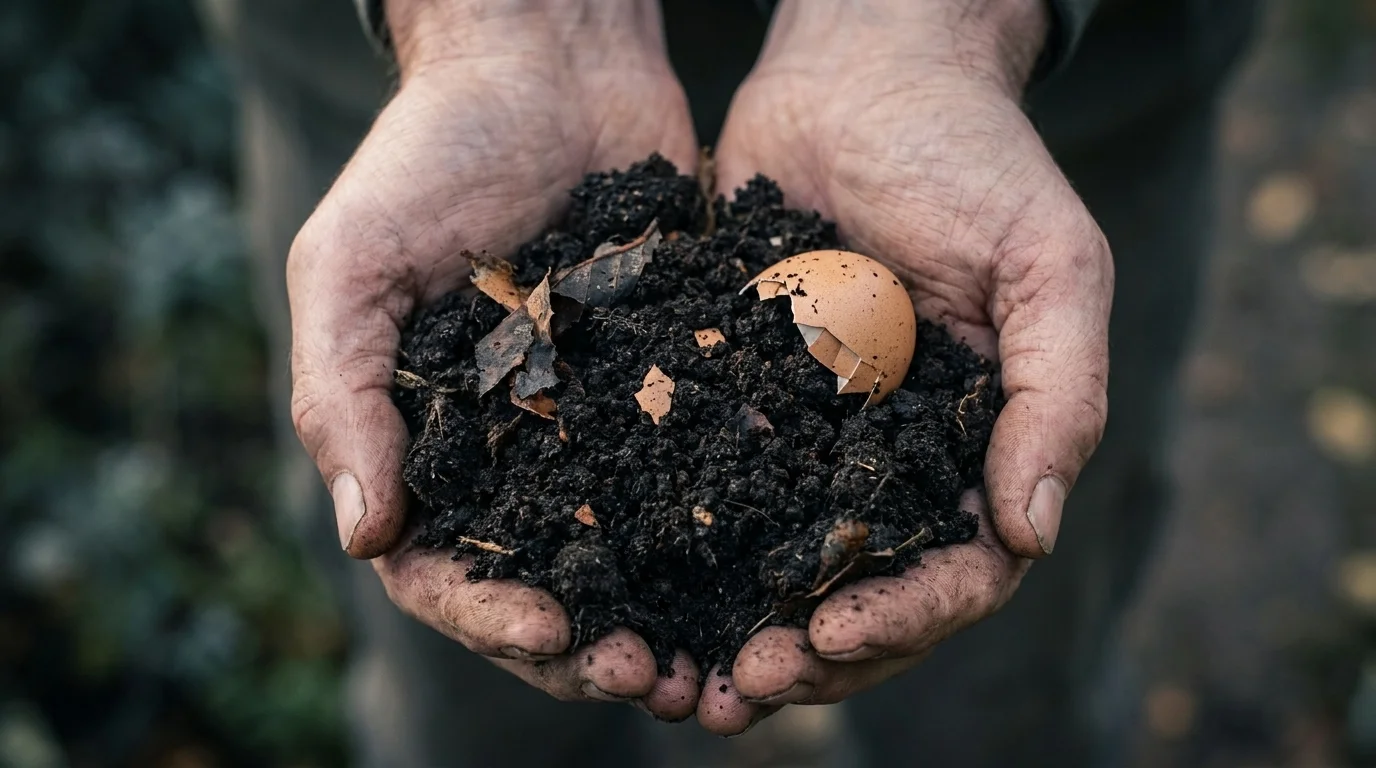 Two cupped hands holding finished dark crumbly compost humus with a small eggshell fragment and leaf bits