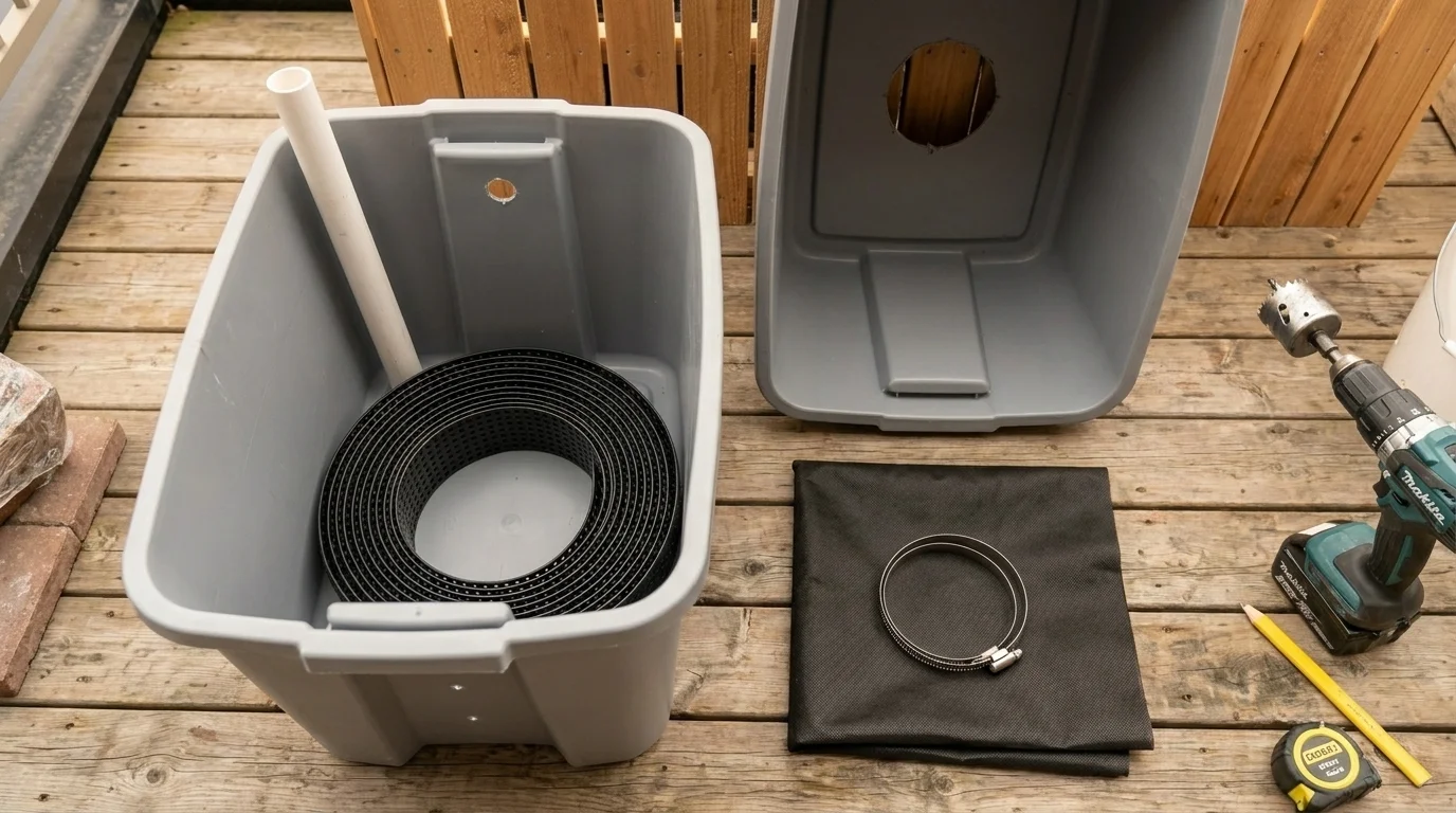 A DIY sub-irrigated planter mid-assembly with a coil of perforated drain pipe in the lower tote and a PVC fill tube