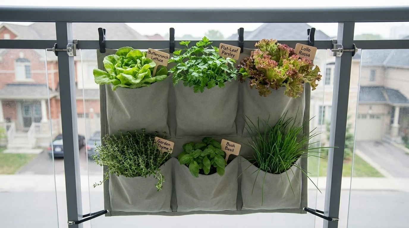 Fabric six-pocket planter clipped to a balcony railing, planted with leaf lettuce, parsley, and trailing thyme