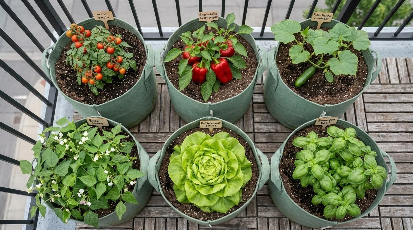 Flat lay of six labeled five-gallon fabric grow bags with container-friendly cultivars for balcony gardening