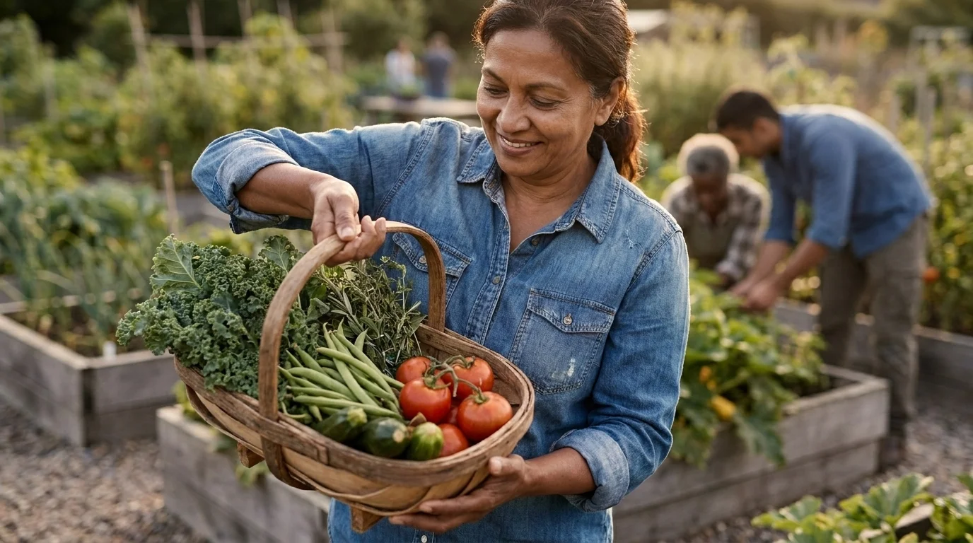A gardener holding a woven basket of just-picked kale, beans, zucchini and tomatoes at a community garden plot