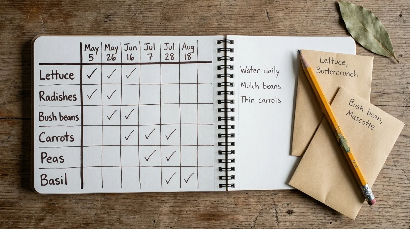 Hand-written gardening notebook flat-lay showing a succession-planting schedule with crops, dates, and check-marks