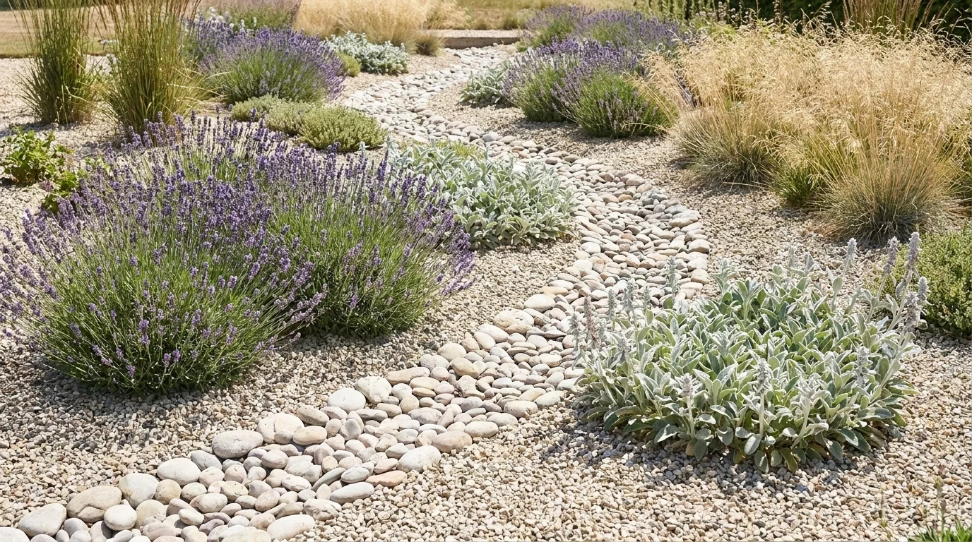 A gravel and river-rock dry-creek flower bed in full sun with lavender, silver sedum and grasses over pea gravel