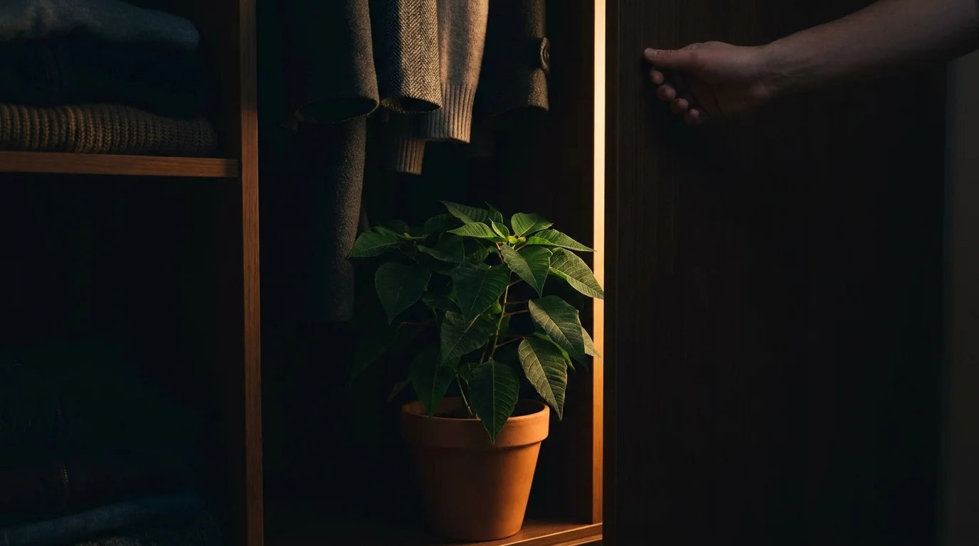 A green poinsettia in a dark closet during its nightly blackout, a hand closing the door on a sliver of light