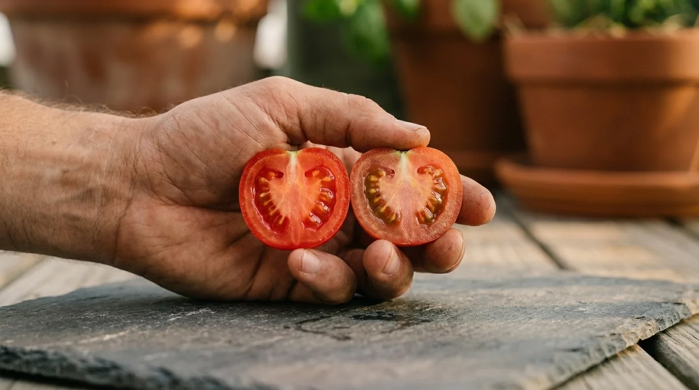 A hand holding two halved cherry tomatoes — a glossy bright-red hydroponic half beside a duller soil-grown half — on a slate background