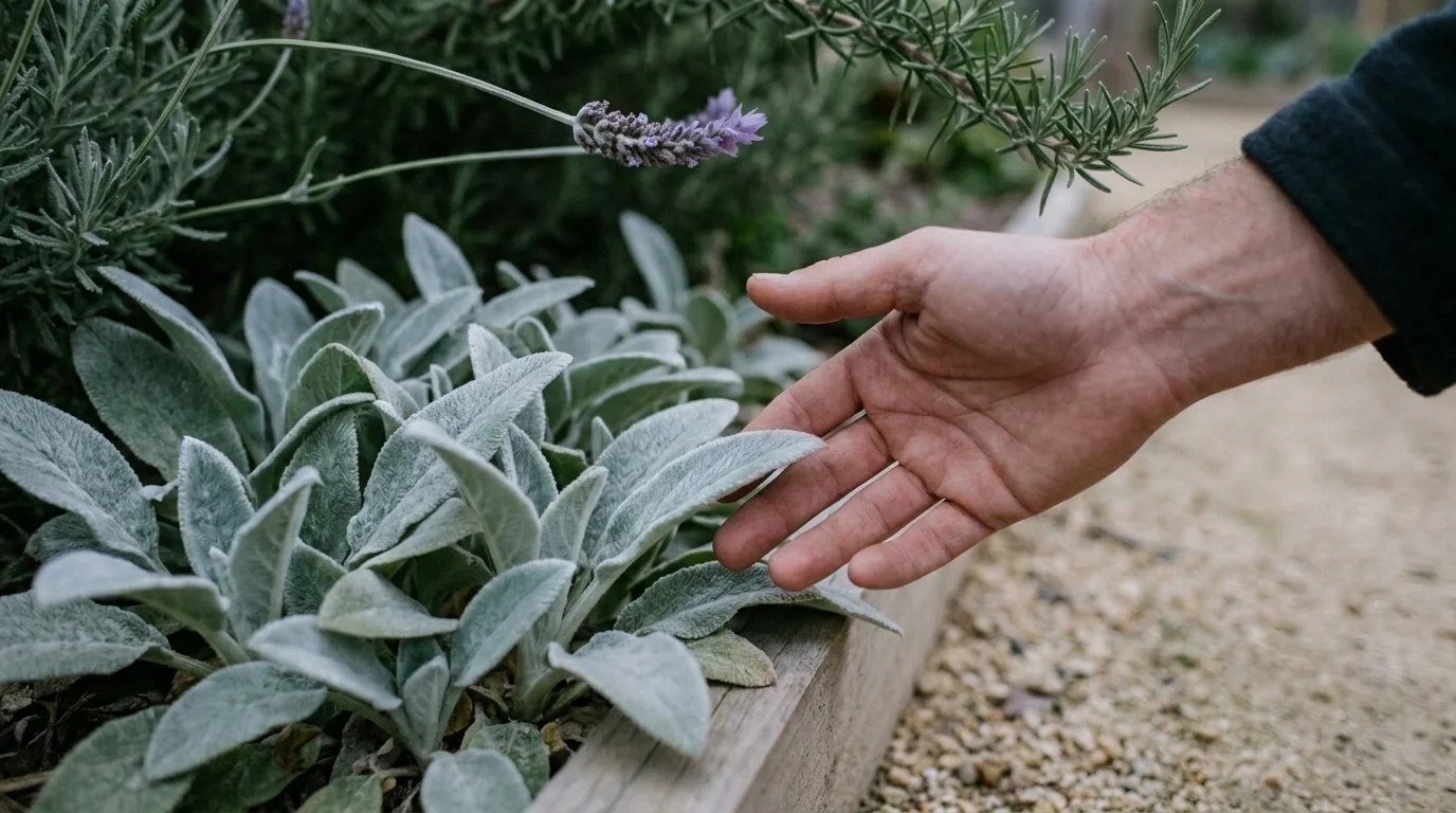 A hand brushing the silver woolly leaves of Lamb's Ear in a sensory garden, with lavender and rosemary behind