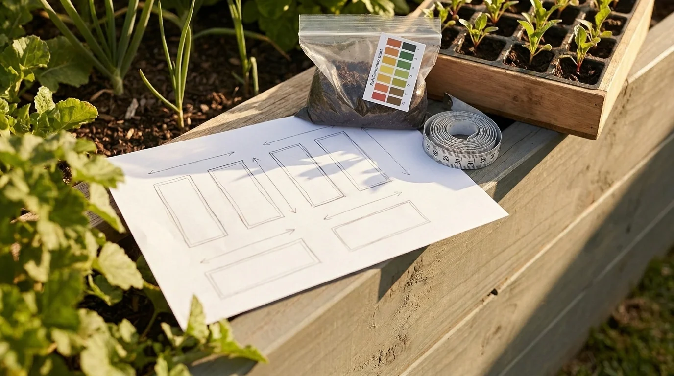 A hand-drawn garden-bed layout sketch beside a soil-test kit, measuring tape and a tray of seedlings on a raised bed