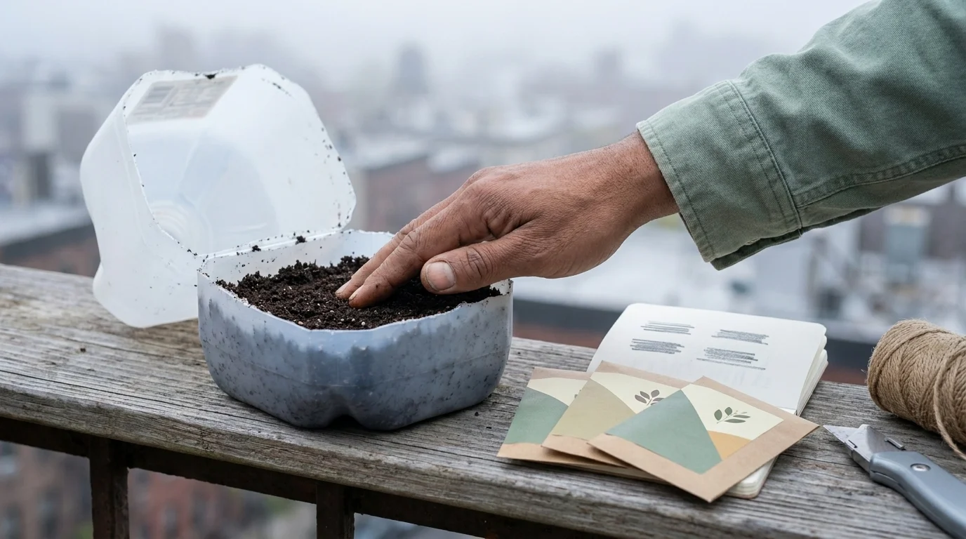 Hand pressing seed compost into a halved milk-jug winter-sowing container on a wooden balcony rail in late-winter light