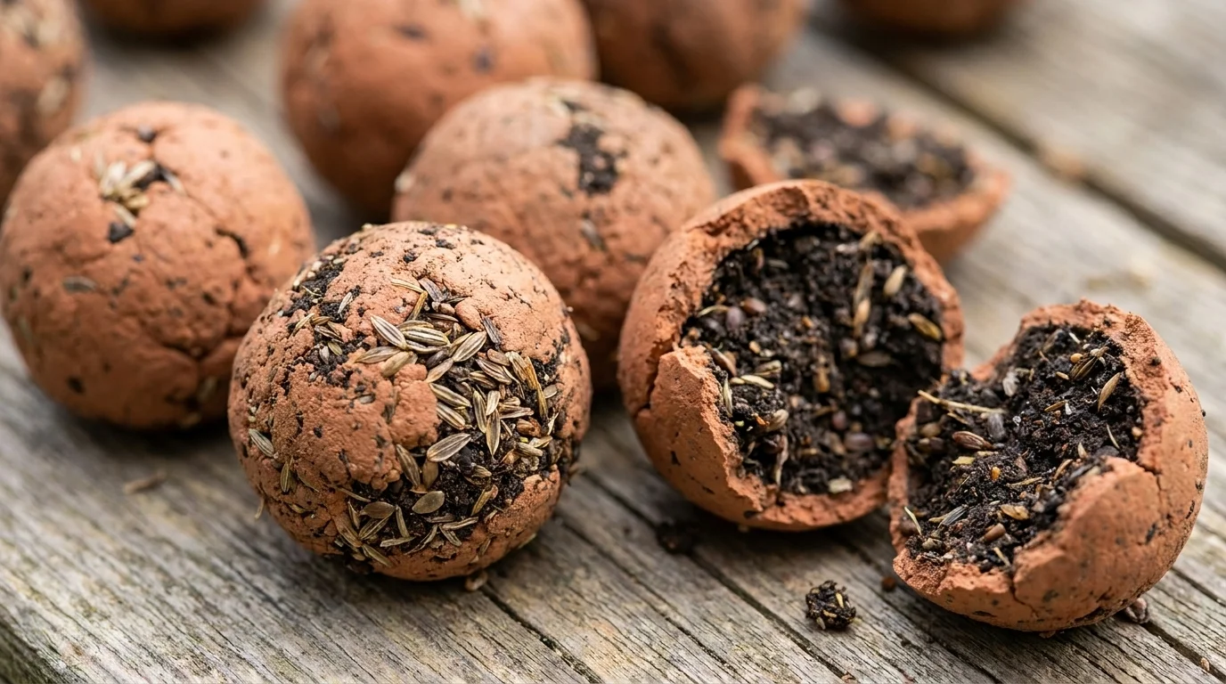 Several hand-rolled clay seed bombs drying on wood, dried wildflower seeds and compost visible in the mixture
