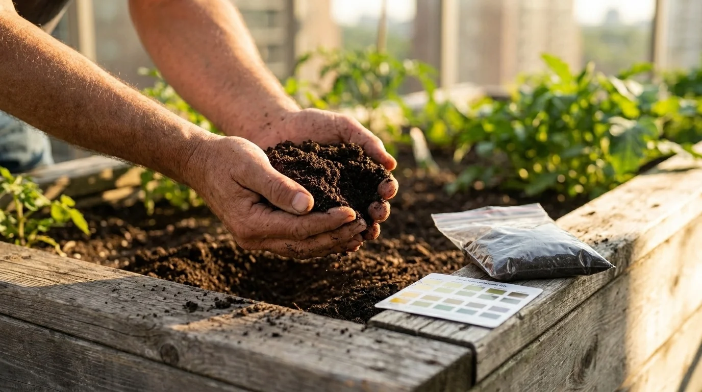 Hands cupping dark soil over a raised bed beside a soil-test kit with a sample bag and colour chart