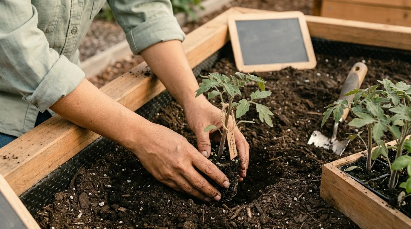 Hands gently lowering a Black Russian tomato seedling into a cedar raised bed beside a blank chalkboard plant label