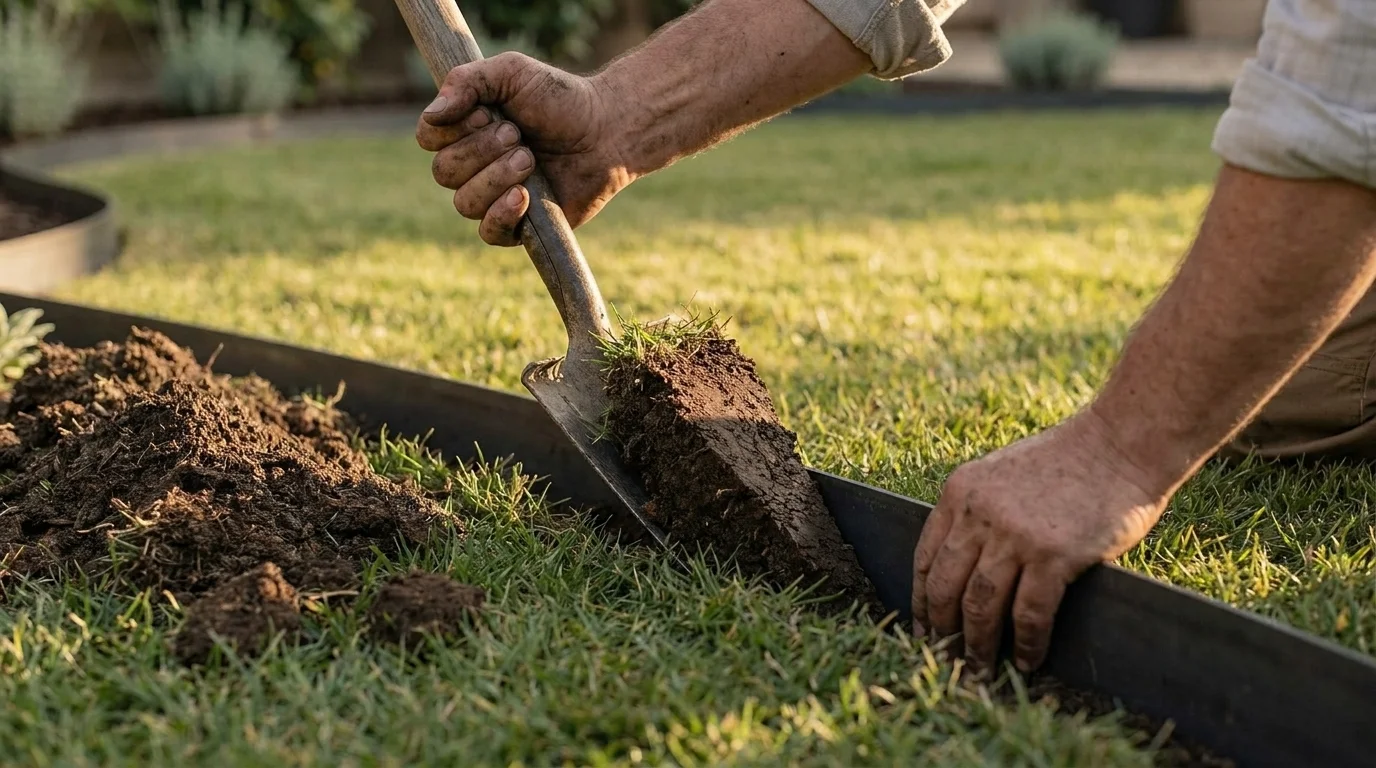 Hands cutting a clean V-shaped spade trench along a lawn border beside a dark metal strip edge pushed into the soil