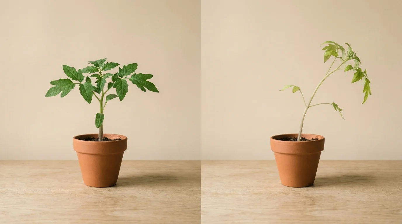 Side-by-side tomato seedlings showing a healthy thumb-thick stem next to a leggy seedling stretched and pale from low light