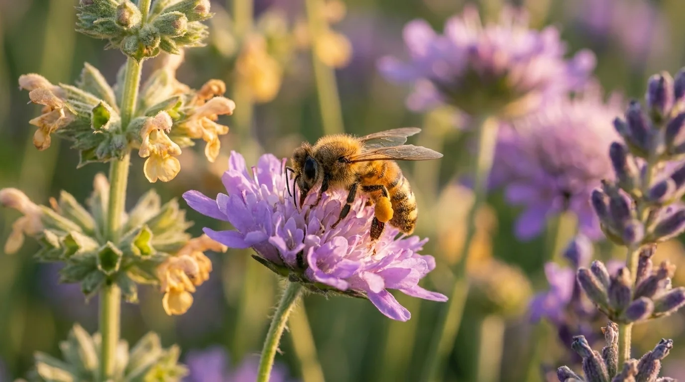 A honeybee with pollen on its legs working an open purple bloom in a diverse pollinator-friendly garden border