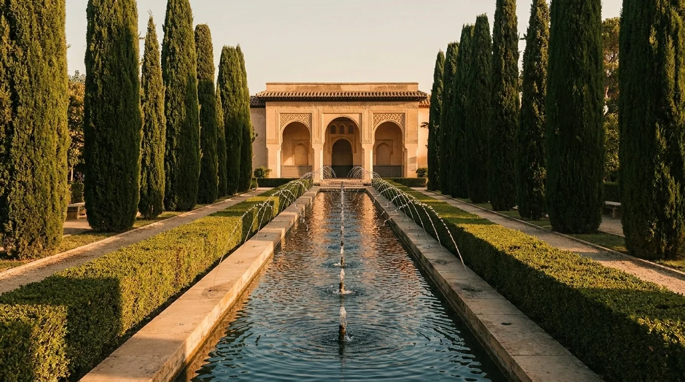 Islamic chahar bagh garden, a central water channel and fountains running between cypress toward an arched pavilion