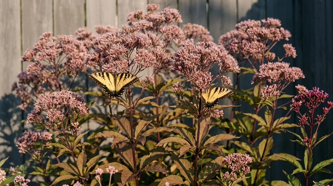 Joe-Pye weed in late August at six feet tall with two tiger swallowtail butterflies feeding on the dusty mauve flowers