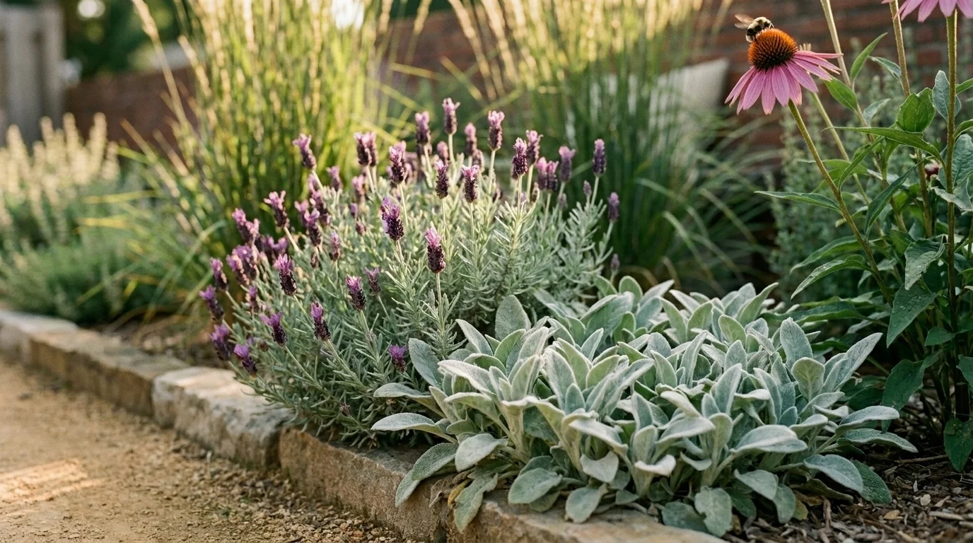Sensory bed close-up with silvery lamb's ear at a path edge, English lavender, purple coneflower, and feather reed grass