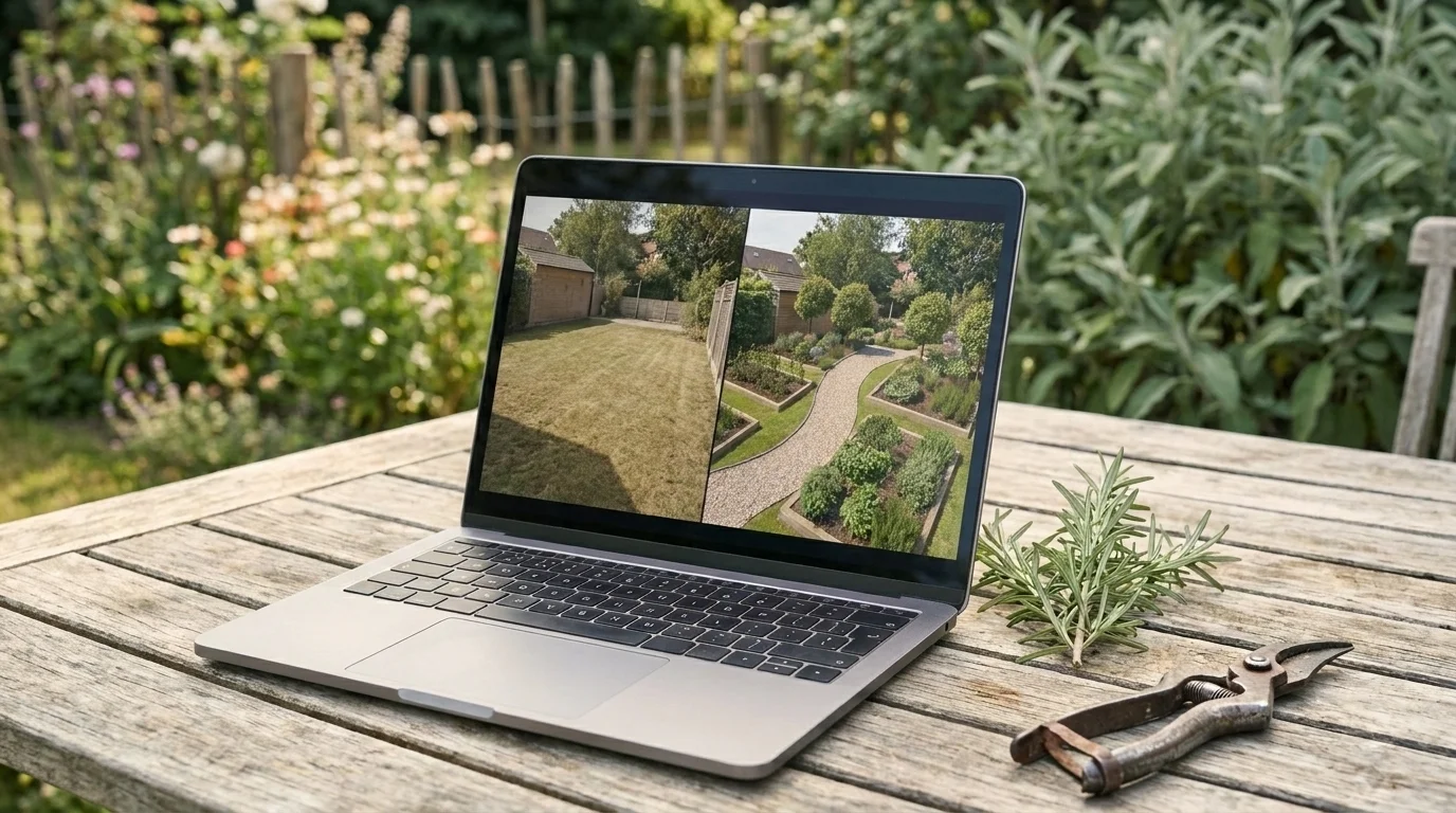 A laptop on a garden table showing an AI before-and-after of a bare lawn redesigned with planted beds and a path