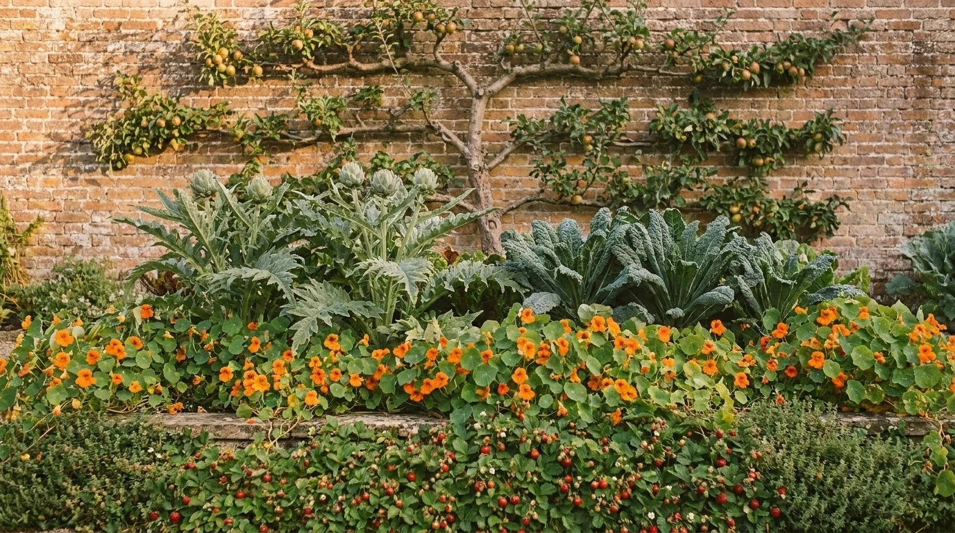 A layered edible garden with an espaliered fruit tree, kale and artichoke, nasturtium and a strawberry-and-thyme groundcover
