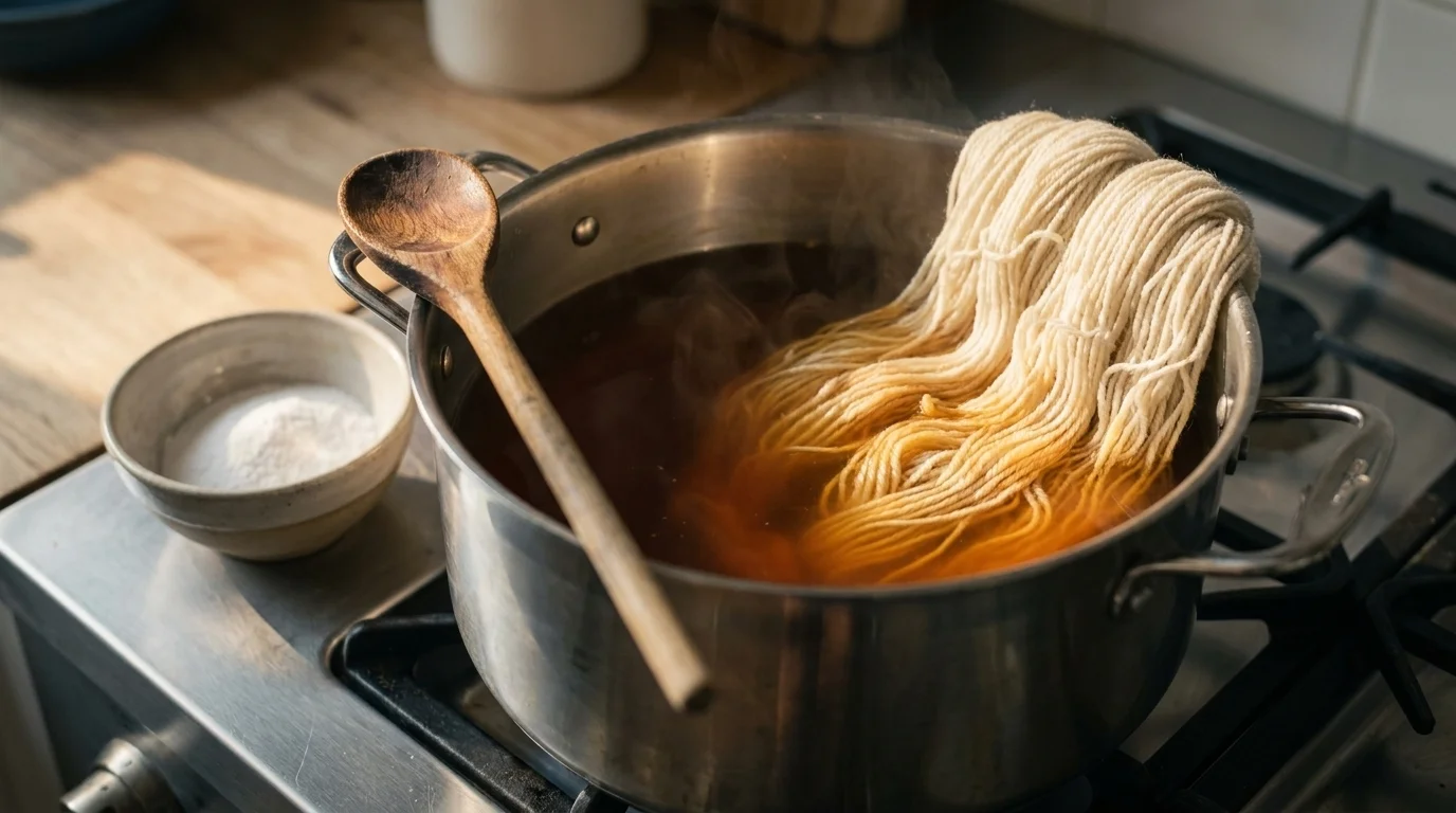 Stainless dye pot of amber marigold dye on a stove with a cream wool skein submerged and a bowl of alum mordant beside it