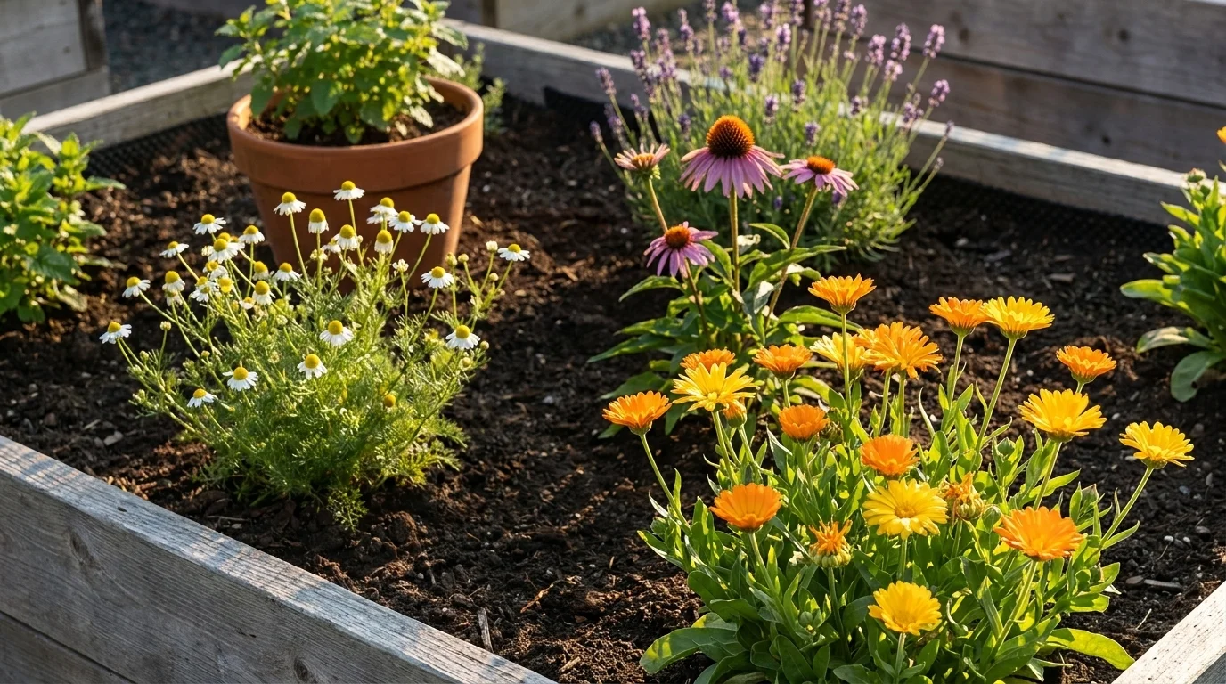 Small medicinal herb bed: calendula in foreground, chamomile, echinacea, English lavender, and lemon balm potted at the edge