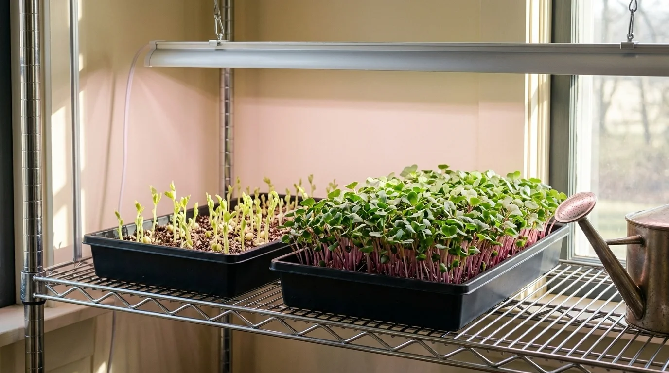 Indoor microgreens shelf with pea shoot and radish trays under a 30-watt LED grow bar by a kitchen window
