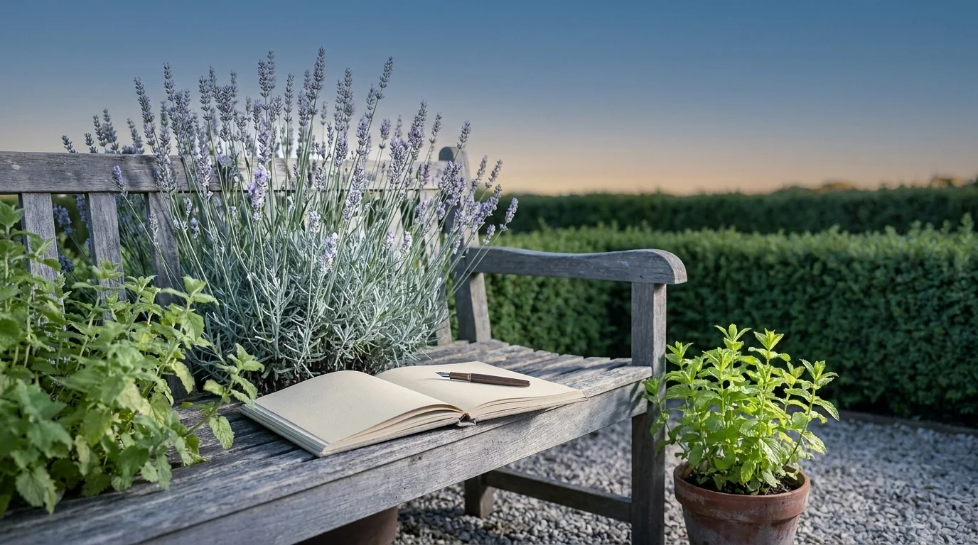 Mindful-garden corner at dust-blue evening — weathered bench with garden journal, lavender, lemon balm, and a mint pot