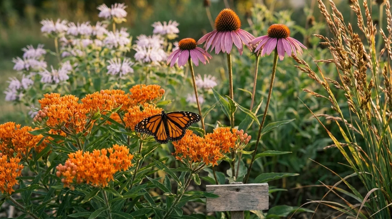Late-summer native bed in golden light: monarch on butterfly milkweed, purple coneflower, wild bergamot, switchgrass