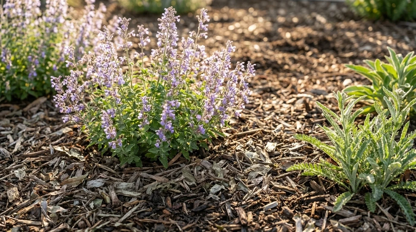Three-inch shredded leaf-mould mulch ringing a flowering catmint with a clear two-inch gap at the woody plant base