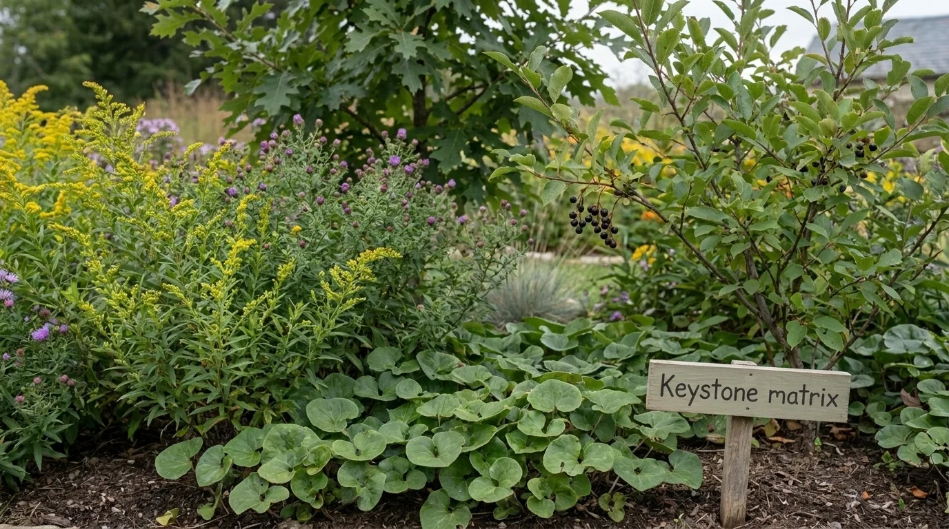 Cross-section of a layered native garden — canopy oak, chokecherry shrub, goldenrod-aster matrix, wild ginger groundcover