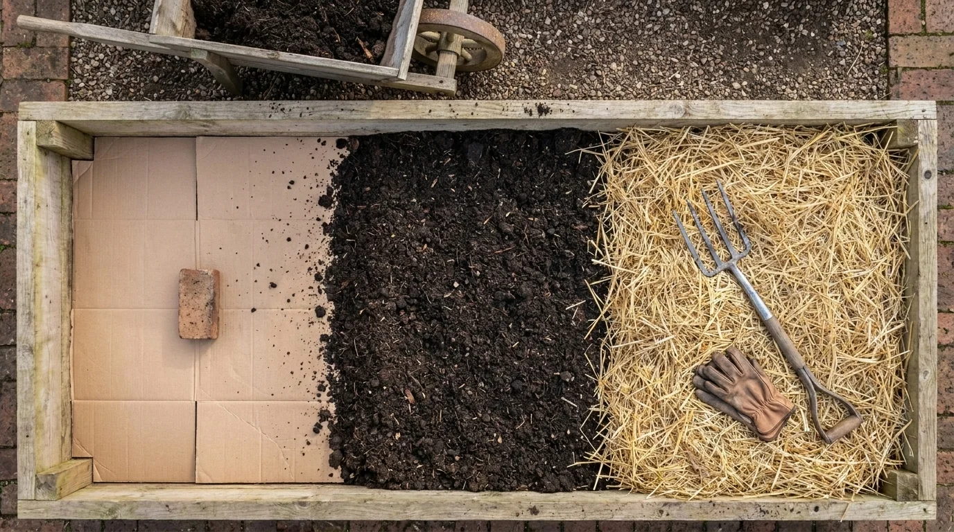 Overhead view of a freshly built no-dig garden bed showing layered cardboard, dark compost, and golden straw mulch