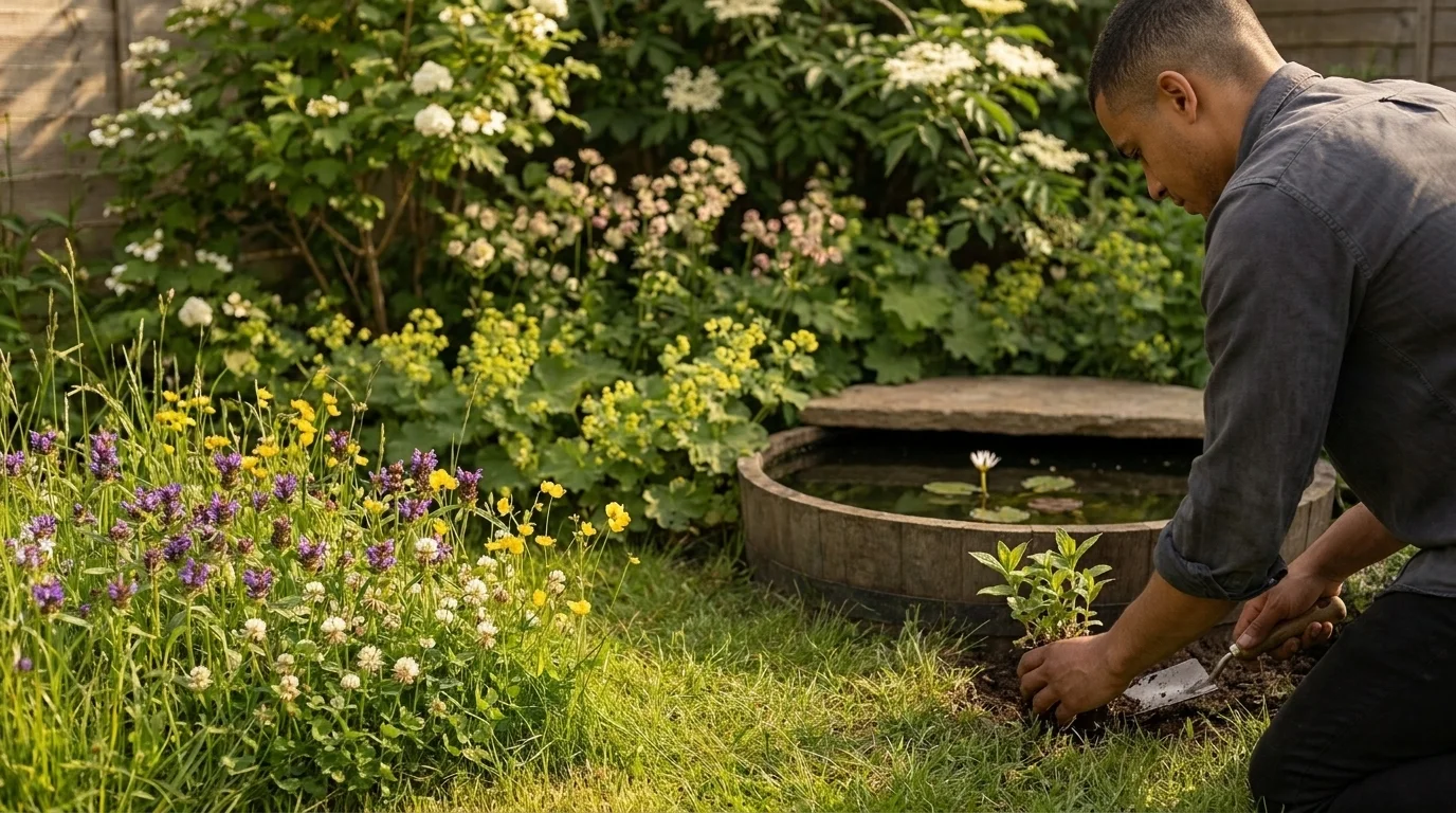 Small UK back garden at golden hour with a no-mow corner, half-barrel pond, and a young gardener planting a starter plant