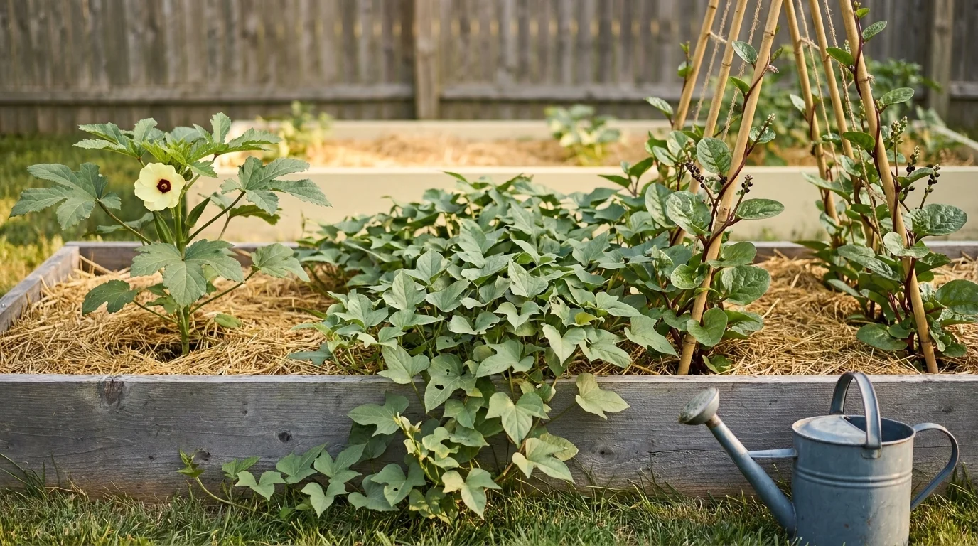 Northeast U.S. raised bed of heat-tolerant vegetables — okra, sweet potato vines, and Malabar spinach in golden-hour light