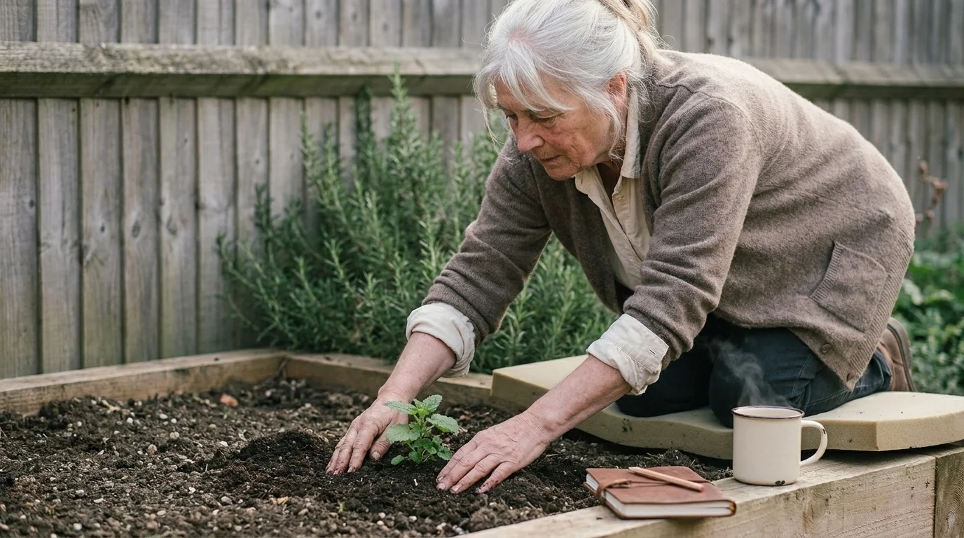Older gardener at a raised bed with a kneeler pad, planting lemon balm beside a steaming mug of tea in morning light