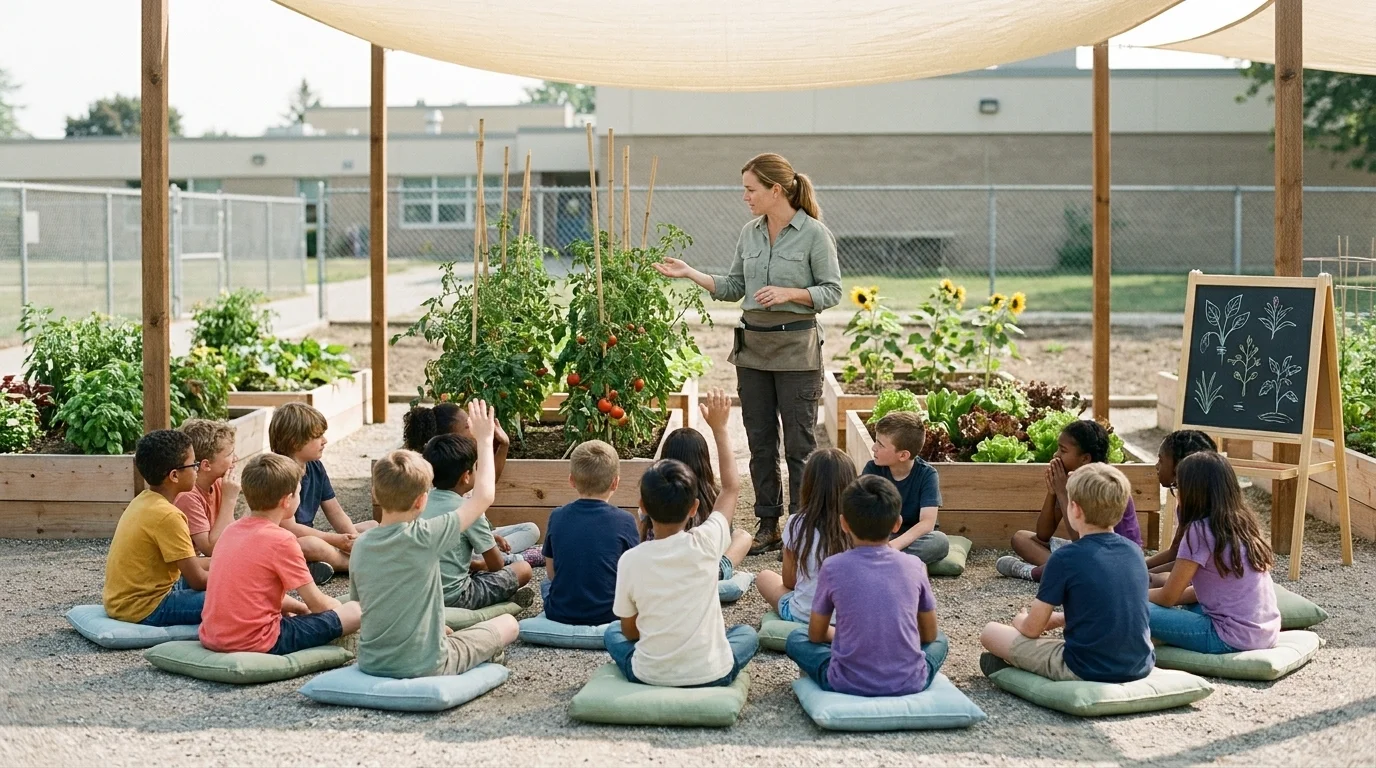 Outdoor classroom session in a school garden — about twenty children on cushions with a teacher gesturing at a tomato
