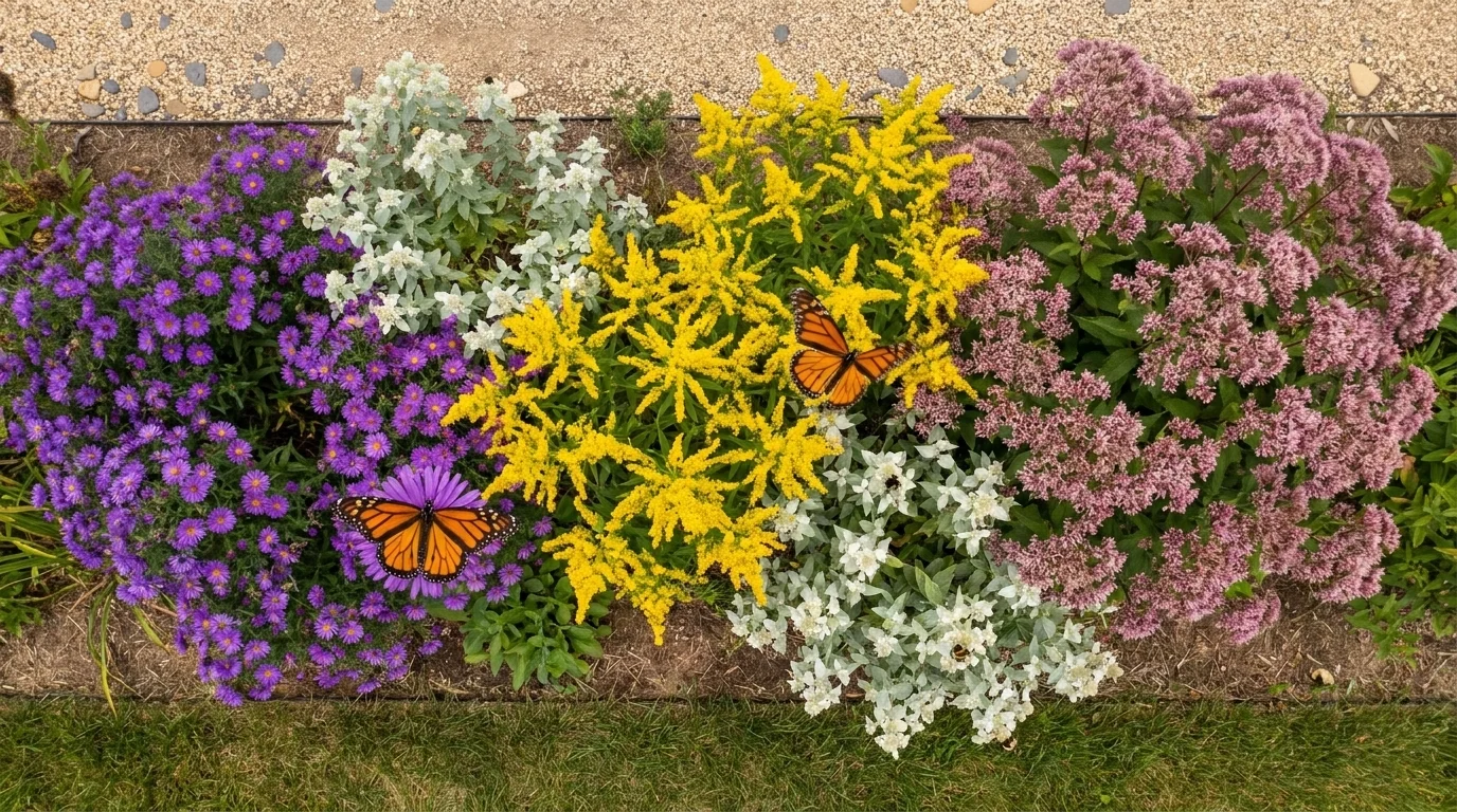 Overhead view of a late-summer pollinator garden — New England aster, goldenrod, Joe Pye weed in bloom, with monarchs feeding
