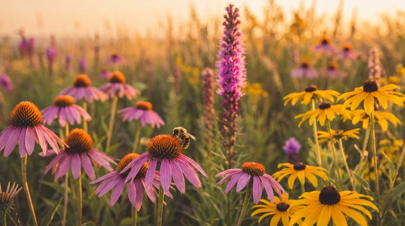 A bumblebee on purple coneflowers among black-eyed Susans and a magenta blazing-star spike in a prairie planting
