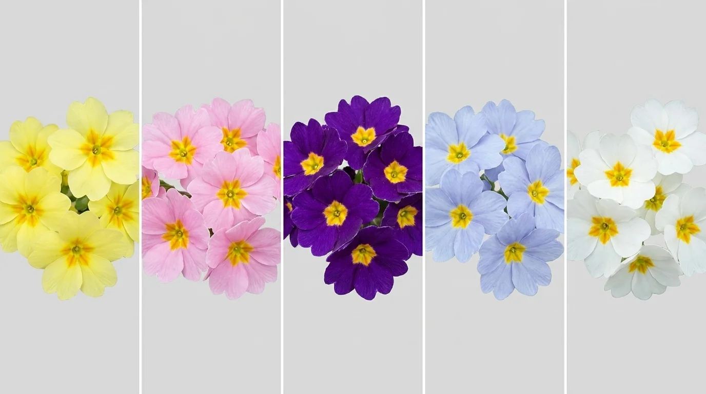 A grid of primrose blooms in yellow, pink, purple, pale blue and white, each a cluster of notched flowers with a bright eye