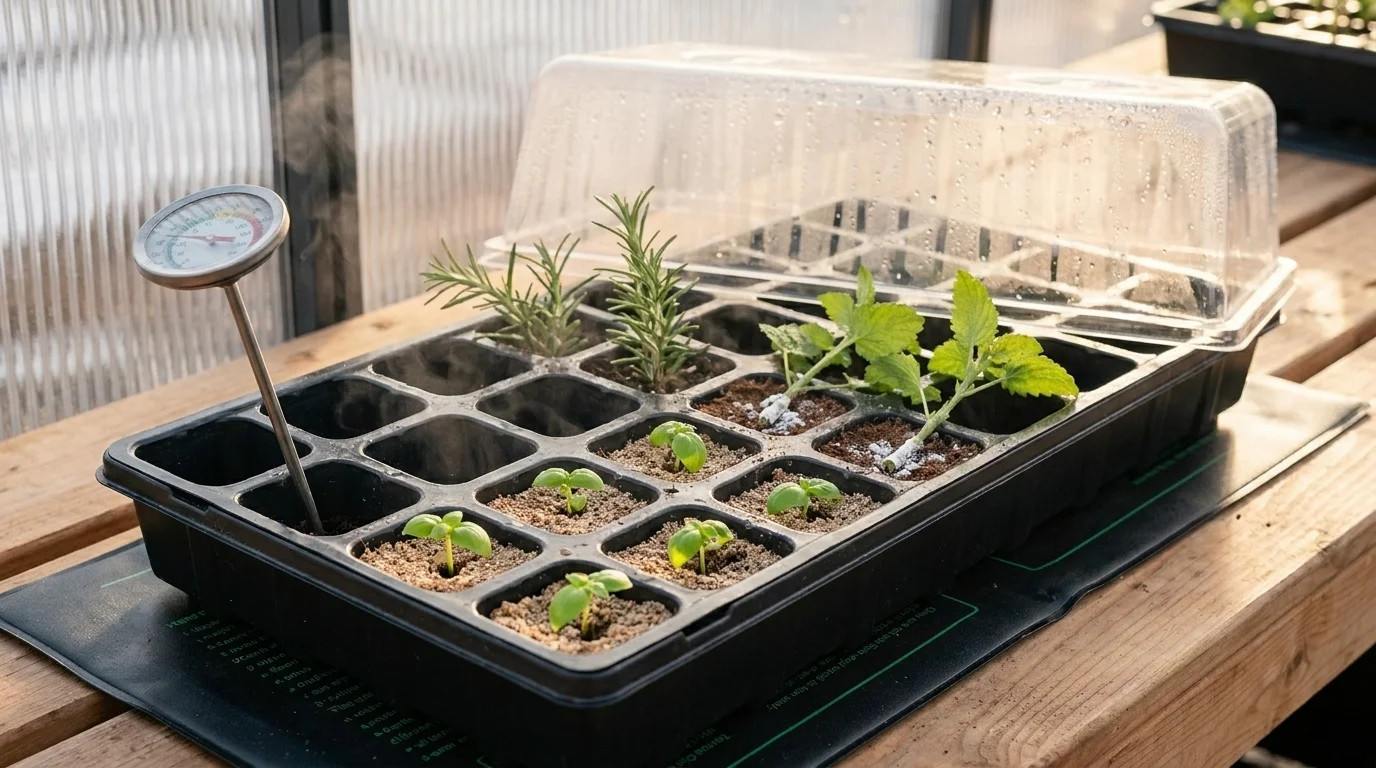 Close-up propagation tray on a heated mat: basil seedlings emerging in front cells, rosemary cuttings under a clear dome behind