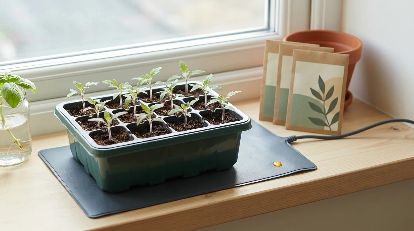 Propagation tray of young tomato seedlings on a sunlit kitchen windowsill with a heating mat and kraft seed packets
