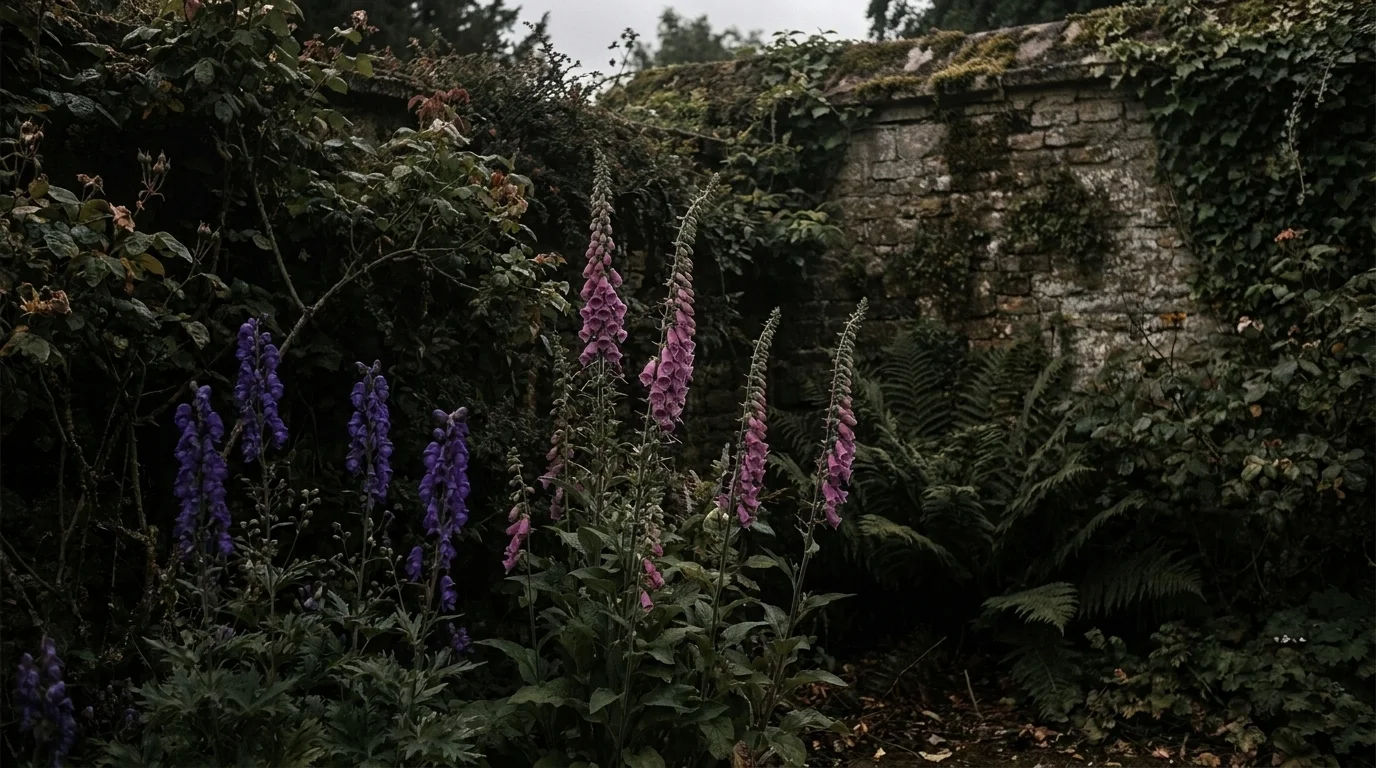 Tall purple foxglove and violet monkshood in a shadowed cottage-garden corner under moody overcast light