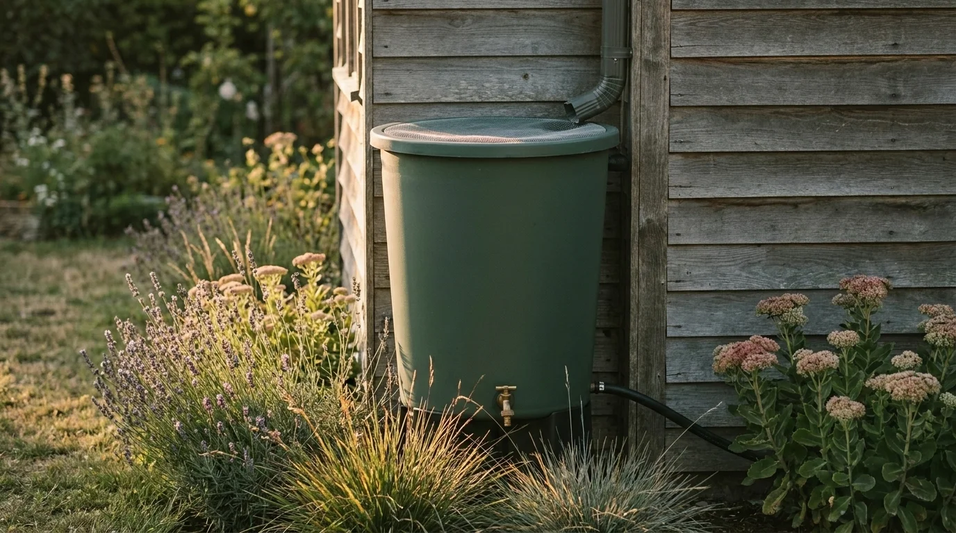 Dark green rain barrel at a garden-shed downpipe with mesh inlet screen and brass spigot in a water conservation garden