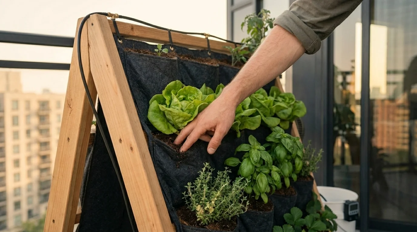 Hand checks moisture on a balcony pocket-planter wall at dusk with drip line, lettuce and basil, and a 5-gallon reservoir