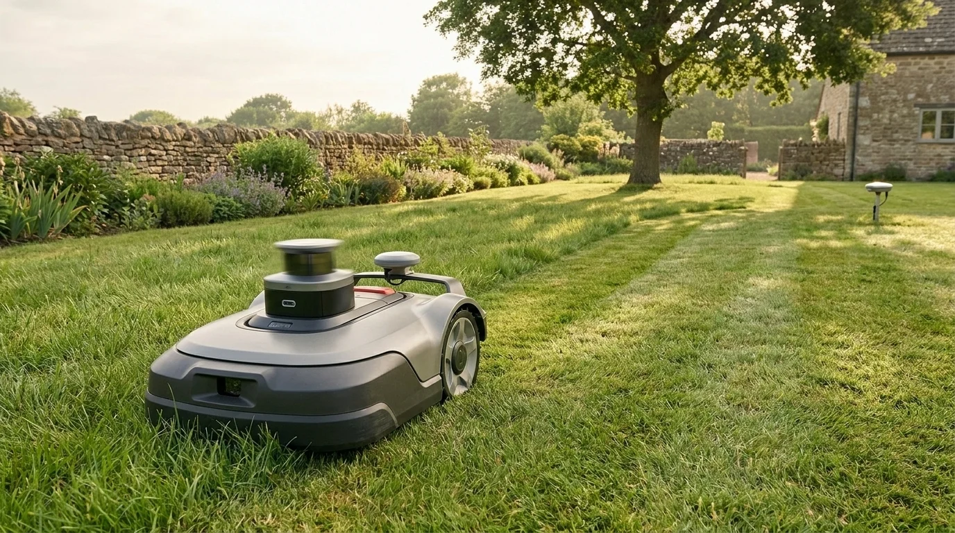A 2026 robotic lawn mower with a LiDAR sensor turret mowing under partial oak-canopy shadow on a residential lawn