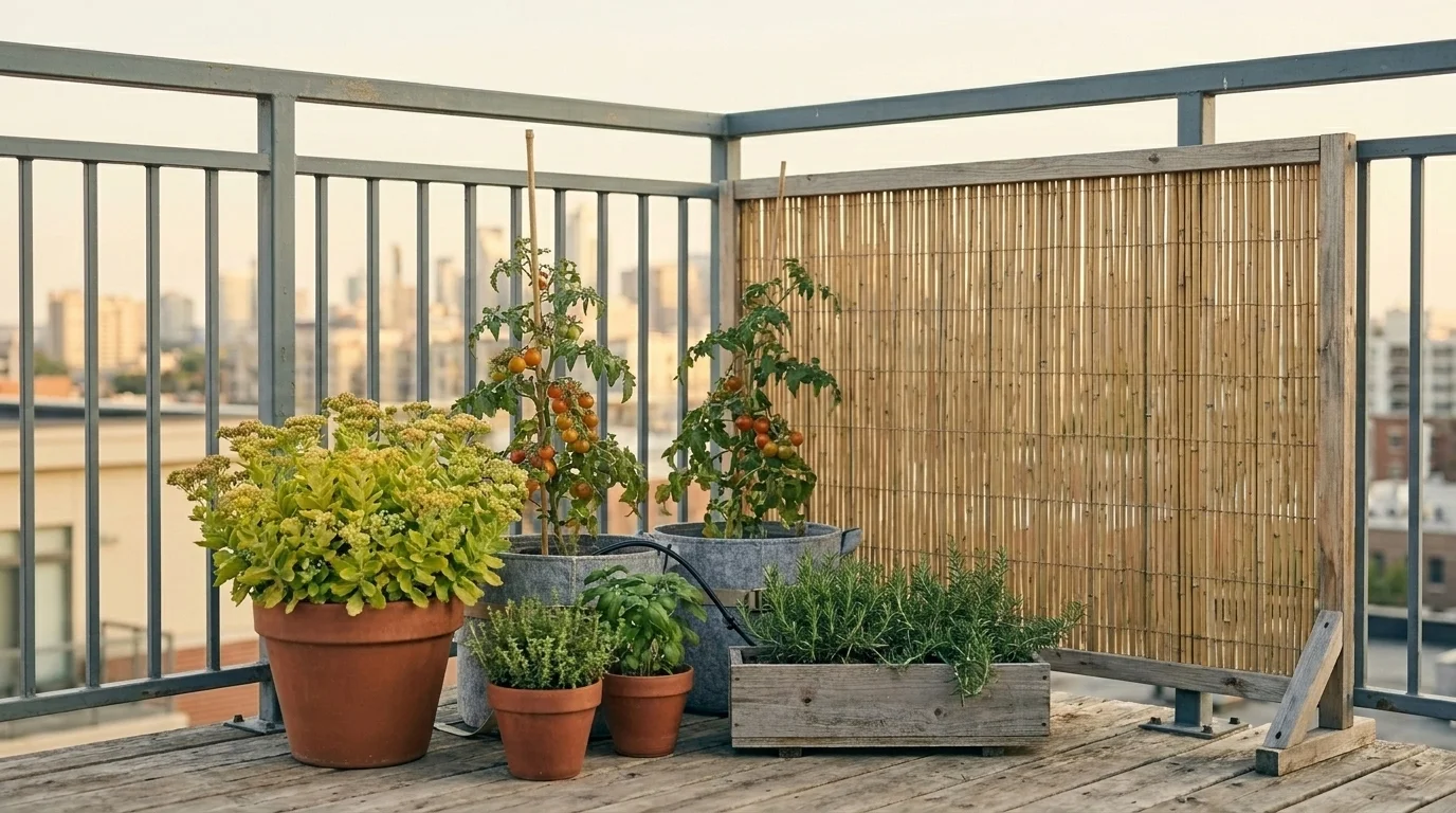 Rooftop garden with a bamboo windbreak screen, low herbs and sedums foreground, taller tomato plants protected behind