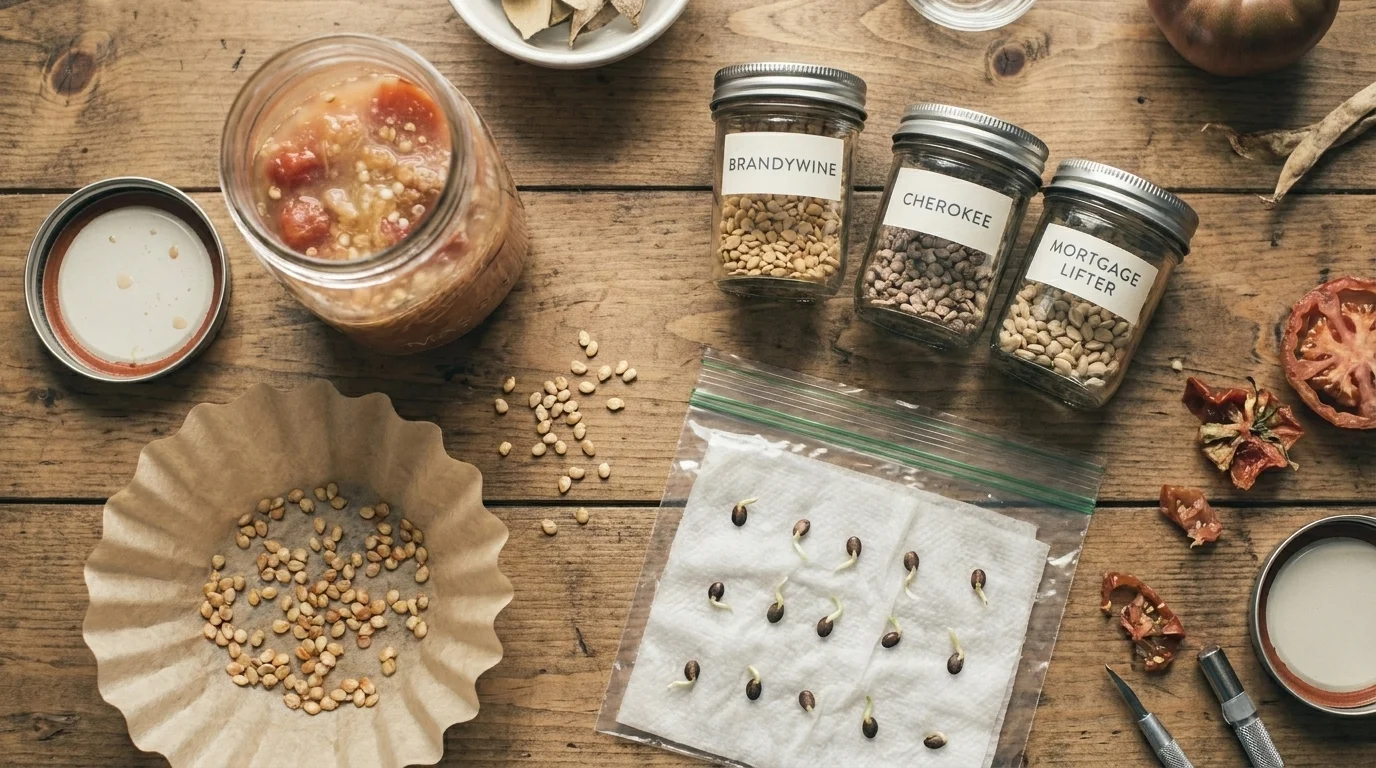 Overhead seed-saving setup: a fermenting tomato-seed jar, seeds drying on a coffee filter, labelled jars, and a 10-seed germination test