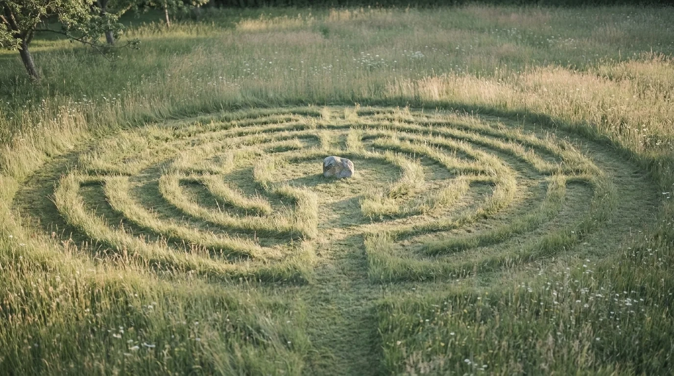 Aerial view of a small seven-circuit turf labyrinth mown into an English summer meadow with a stone marking the centre