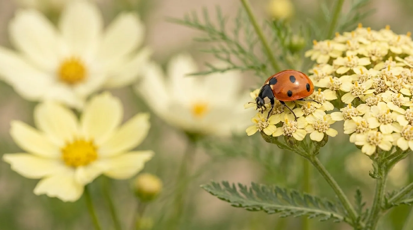 Seven-spotted ladybird beetle resting on a yellow yarrow umbel with pale cream cosmos blooms in the soft background